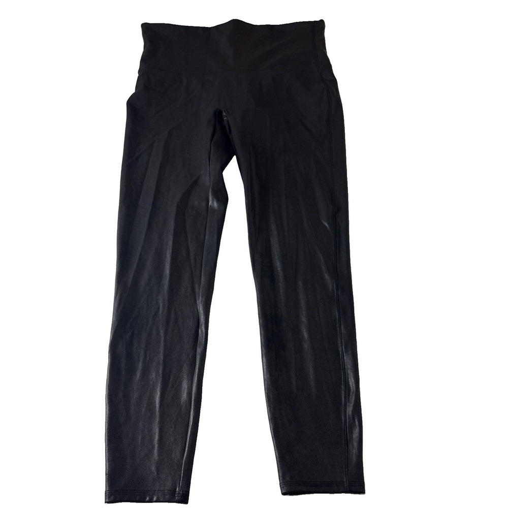 SPANX Black Leggings Faux Leather Size 1X Slimming Moto City Goth Glossy shiny